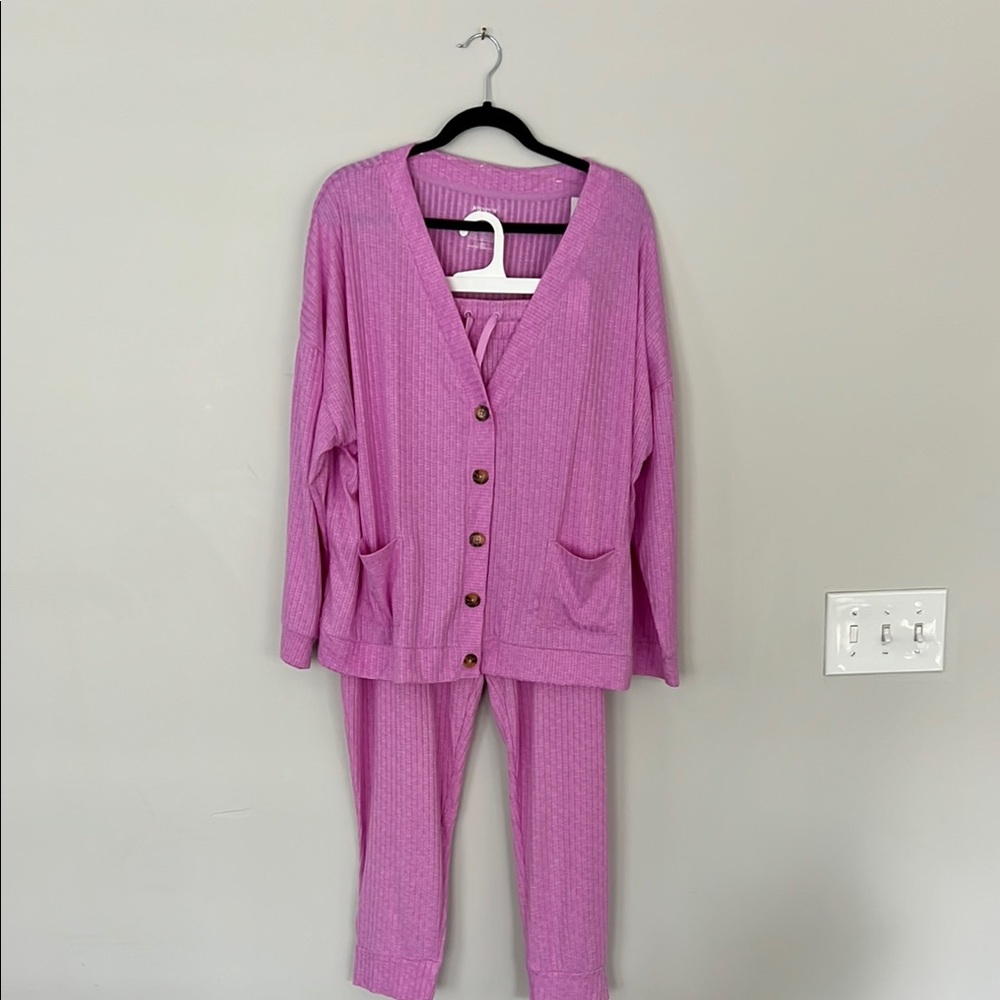 Purple Button-Up Cardigan and Pants Set